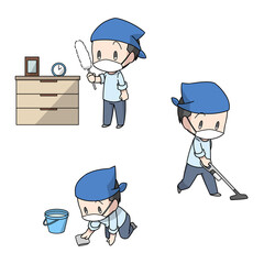 部屋の掃除をするマスクをした男性のイラスト3パターン