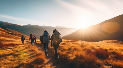 Unrecognizable group of healthy people exercising trekking in national park walking up to mountain with flower glasses field on the walking road, happy tourists lifestyle outdoor, widow sunset light - obrazy, fototapety, plakaty