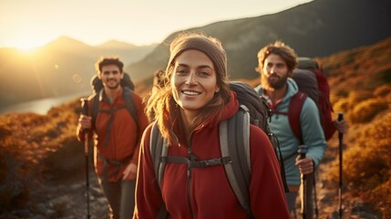 Group of friends people looking at camera exercise trekking in national park with golden glasses field, holding trekking pole, tourist lifestyle adventure travel outdoor in autumn widow sunset - obrazy, fototapety, plakaty