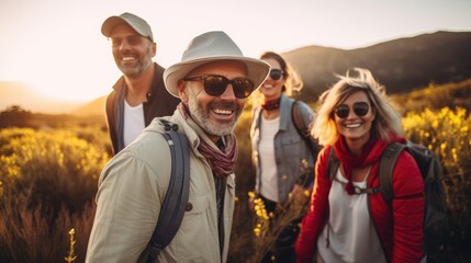 Group of middle-aged people looking at camera smiling spend free time trekking in national park with flower glasses field, retired pensioner lifestyle outdoor activities, autumn season, widow sunset