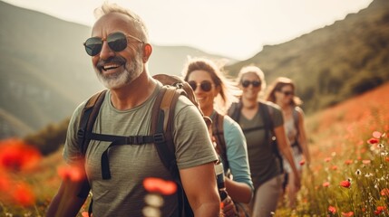 Group of middle-aged people looking at camera smiling spend free time trekking in national park with flower glasses field, retired pensioner lifestyle outdoor activities, autumn season, widow sunset - obrazy, fototapety, plakaty