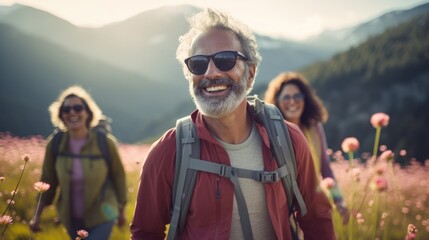 Group of middle-aged people looking at camera smiling spend free time trekking in national park with flower glasses field, retired pensioner lifestyle outdoor activities, autumn season, widow sunset