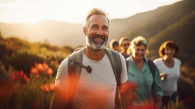 Group of healthy senior middle-aged people looking at camera smiling spend free time trekking in national park with flower glasses field, retired pensioner lifestyle outdoor activities, against sunset