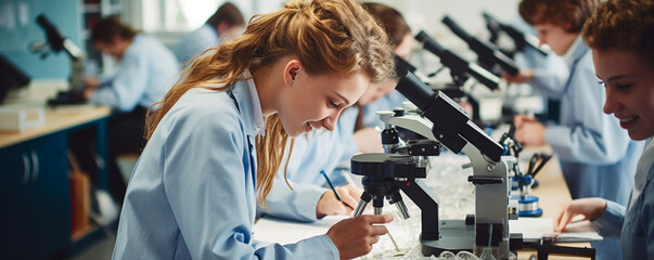 Fototapeta na wymiar High school students using microscopes in the science class