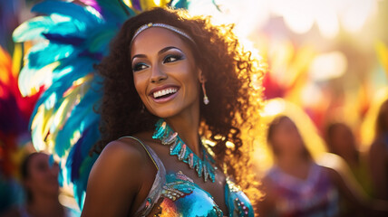 Beautiful samba dancer performing in a carnival in Brazil - obrazy, fototapety, plakaty