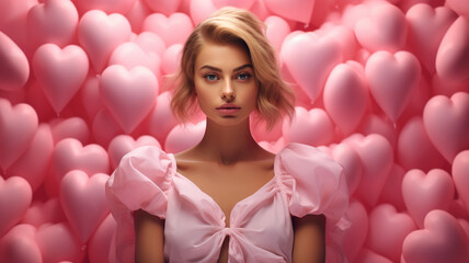 Obraz na płótnie Canvas Blonde model woman with pink heart balloons