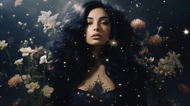 Beautiful long black hair woman with stars and flowers