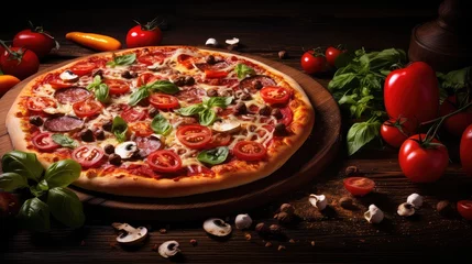 Fotobehang crust background pizza food vibrant illustration toppings mozzarella, sauce dough, oven slice crust background pizza food vibrant © vectorwin