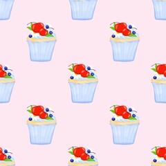 Delicious cakes, pastel colors, seamless background.