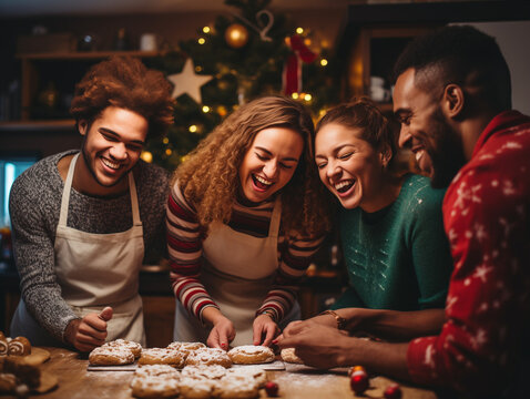 A Photo Of A Group Of Friends Baking Festive Cookies And Laughing Together