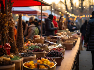 A Photo Of A Festive Holiday-Themed Farmers Market With Vendors Of Different Ethnicities Selling Seasonal Goods And Crafts