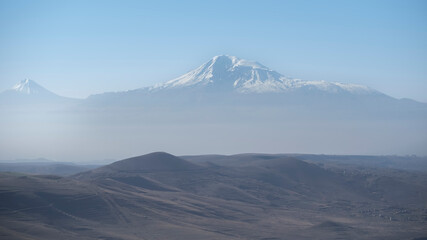 Panoramic view of the snow-capped peak of Mount Ararat in Armenia.