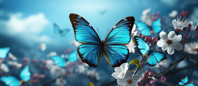 Fototapeta Morpho butterfly background.Flower seeds on bright cloudy sky background.