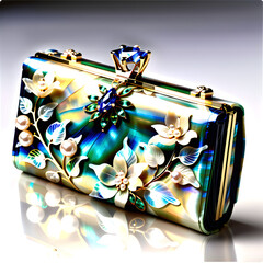 Exquisite Women's Key Wallet : Mother-of-Pearl lacquerware, Pearls, and Precious Stones in a Palette of Beautiful Colors and Artistic Patterns.(Generative AI) 