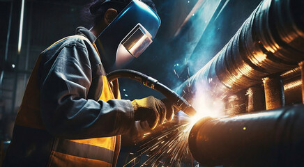 Industrial worker engaged in rail welding with specialized tools. - obrazy, fototapety, plakaty