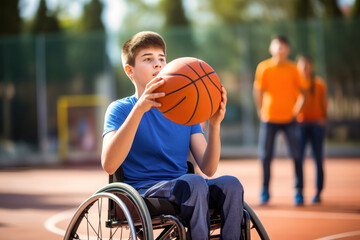 A disabled man in a wheelchair throws a basketball into a basket. Sports for people with disabilities. Active lifestyle.