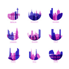 Naklejka premium European capital cities logo and icon set. Vector graphic collection for Berlin, Budapest, Helsinki, London, Madrid, Oslo, Paris, Riga, Rome