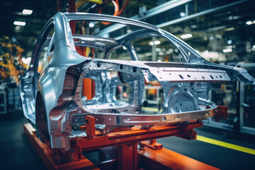Fototapeta premium Car production line. Assembling a car on a conveyor belt. Close-up of a car body. Automotive industry Interior of a high-tech factory, modern production.
