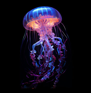 Glowing jellyfish swim deep in blue sea, neon jellyfish fantasy on black background