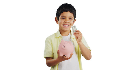 Isolated boy, piggy bank and portrait with money, smile and savings with learning by transparent...