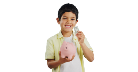 Isolated boy, piggy bank and portrait with money, smile and savings with learning by transparent png background. Child, person and happy with cash for investing, financial security and box for future