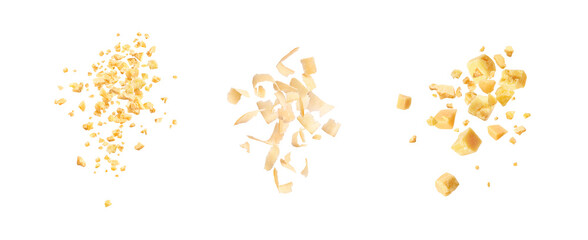 Parmesan cheese in small pieces on a white background in the air - obrazy, fototapety, plakaty