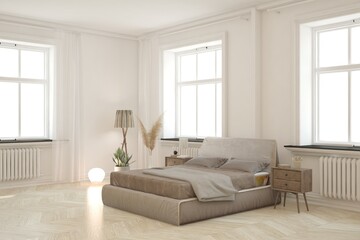 White bedroom concept. Scandinavian interior design. 3D illustration