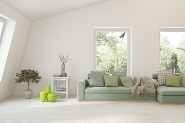 Modern interior concept with sofa and summer landscape in window. 3D illustration - obrazy, fototapety, plakaty