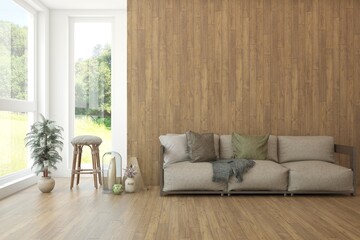 Fototapeta premium White living room with sofa and summer landscape in window. Scandinavian interior design. 3D illustration