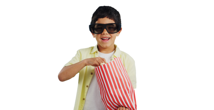 Popcorn, 3d glasses and portrait of child for movie on isolated, png and transparent background. Happy, excited and young boy eating snack for watching tv, film and cinema show for entertainment
