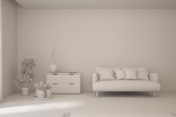 White living room concept with sofa. 3D illustration
