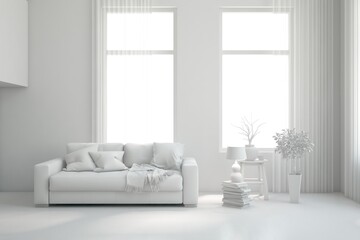Grey interior desigh concept with furniture. 3D illustration