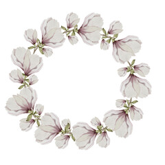 Fototapeta na wymiar Watercolor round frame and magnolia flowers. Floral wreath with elegant flowers on a white background isolate. For designing cards and invitations for weddings and anniversaries.