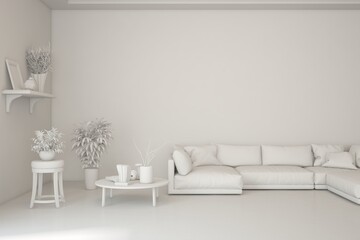Grey interior desigh concept with furniture. 3D illustration