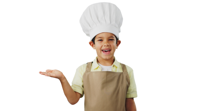 Isolated boy child, chef and hand in portrait for cooking, learning and development by transparent png background. Kid, kitchen clothes and smile on face for bakery, open palm or funny with education