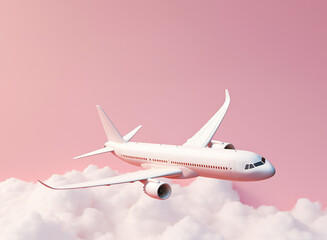 Pastel plane flying in the sky with clouds