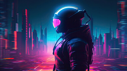 astronaut in futuristic neon lit cyberpunk city