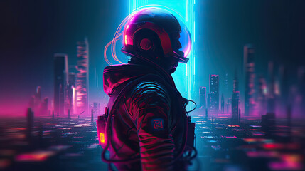 Fototapeta na wymiar astronaut in futuristic neon lit cyberpunk city