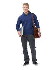Laptop, university and portrait of man with bag on isolated, png and transparent background. Education, student and happy person with computer for learning, academic course and knowledge at college