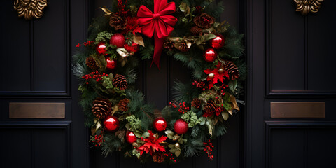 Fototapeta na wymiar Christmas wreath with red bow and berries on the doo Red Bow Christmas Wreath on Door