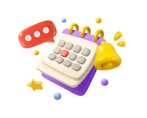 Vector 3d calendar icon. Notification bell and speech bubble, event reminder design. Cartoon render abstract agenda mockup isolated on white background, deadline day concept © olenago