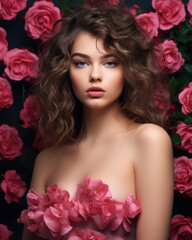 Portrait of beautiful young woman amongst roses flowers