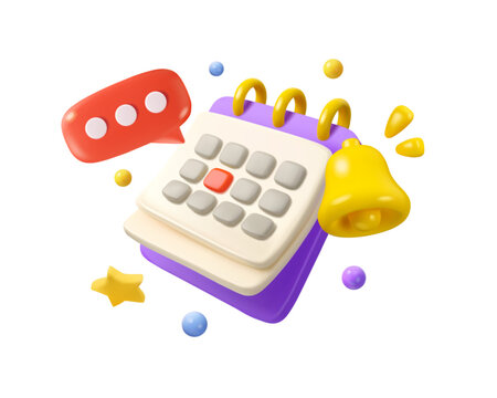 Vector 3d calendar icon. Notification bell and speech bubble, event reminder design. Cartoon render abstract agenda mockup isolated on white background, deadline day concept