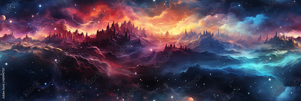 Poster seamless pattern with outer space with stars, universes and galaxies on bright multicolored backgrou