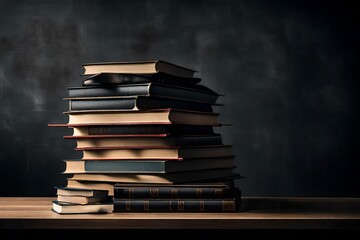 A stack of books on a black table. Library in the background. 