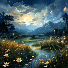 night landscape with moon and stars