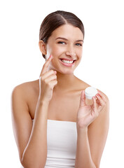 Skincare, beauty and portrait of woman with cream on isolated, png and transparent background....