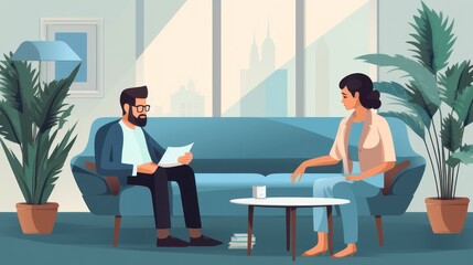 Vector illustration of two people having a discussion in an office room