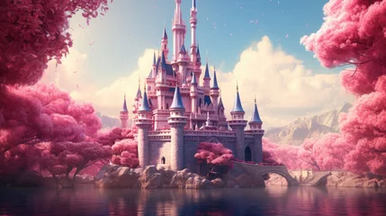 Foto op Canvas a beautiful fairytale castle illustration with pink trees, notre dame cathedral © Planetz