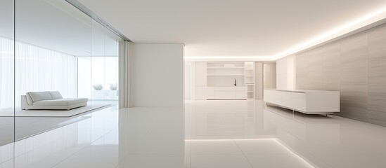Fototapeta na wymiar From a third-person perspective, the modern and empty apartment exudes minimalist design with its white walls and light-filled interiors, showcasing a seamless blend of architecture and interior
